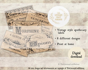 Vintage Apothecary Labels, Junk Journal, Halloween Decor, Vintage Ephemera, Sherlock Holmes, Potions Labels
