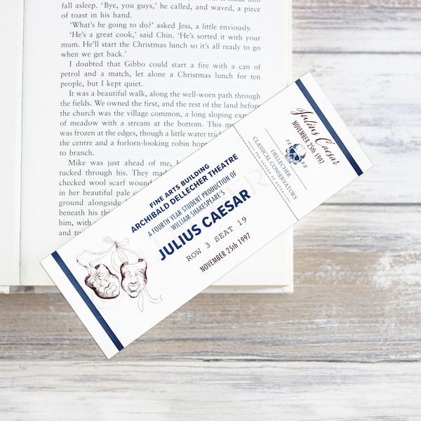 Dark Academia Shakespeare Play Ticket Bookmark – Classical Conservatory – Julius Caesar Ticket – Bookish Gift