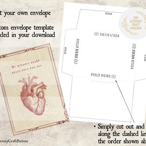 May include: Printable envelope template with instructions on how to fold. The envelope features the text "My Hideous Heart Beats Only For You" and a vintage illustration of a human heart.