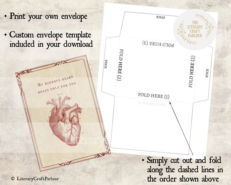 May include: Printable envelope template with instructions on how to fold. The envelope features the text "My Hideous Heart Beats Only For You" and a vintage illustration of a human heart.