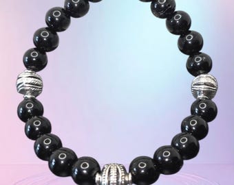black onyx sterling steel silver beads spacers bracelet