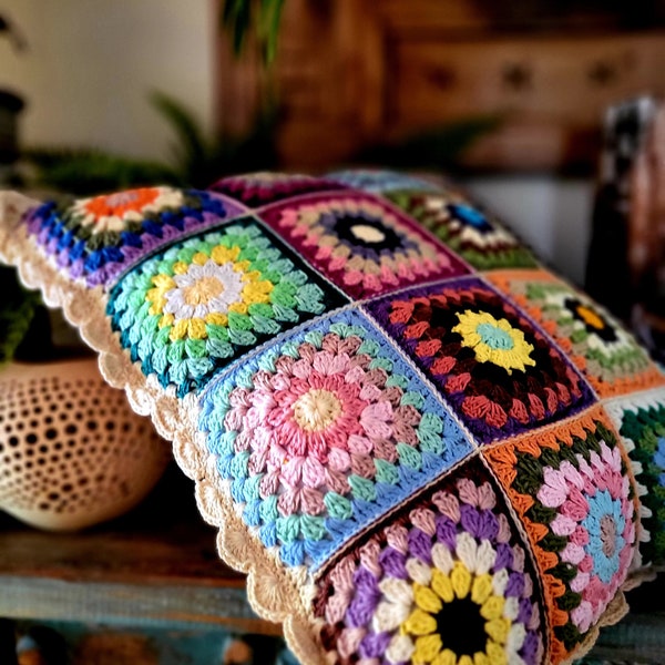 Cotton Crochet Cushion Cover, Bohemian Vintage Cushion, Hippy Cushion, Granny Square Cushion Cover, Handmade Cushion Cover, Boho Decor