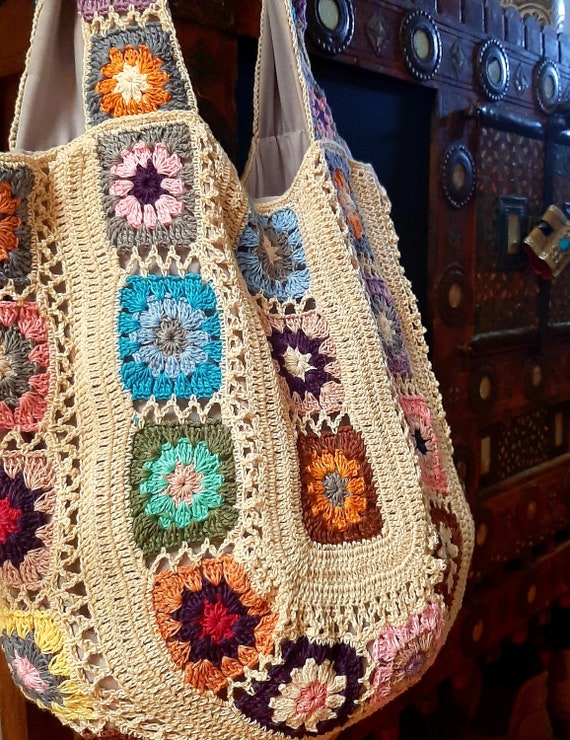 Cotton Crochet Bag Bohemian Bag Hippy Bag Granny Square - Etsy