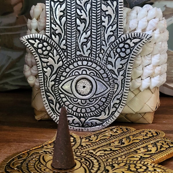 Hamsa Hand Incense Holder, Aluminium Incense Holder, Cone Incense Holder, Silver Hamsa Hand, Gold Hamsa Hand, Aromatherapy, Incense Burner