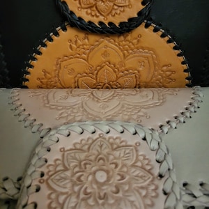 Handmade Leather Wallet, Mandala Wallet, Bohemian Wallet, Gypsy Style, Boho Accessory, Cream Wallet, Embossed Wallet, Two-tone Wallet