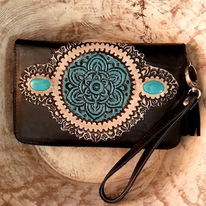 Cartera de cuero Mandala, Cartera de piedras preciosas, Cartera de embrague Boho, Accesorio Boho, Cartera de cuero bronceado con piedras preciosas, Cartera de cuero negro