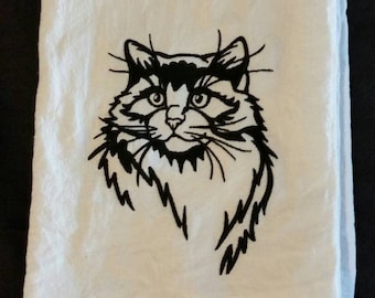 Embroidered Cat Flour Sack Towel: 100% Cotton Dish Towel