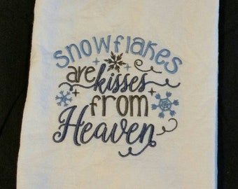 winter flour sack towel snowflakes are kisses from heaven  winter dish towel  custom embroidered towel tea towel