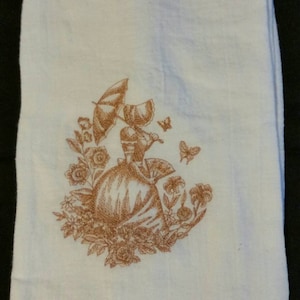 sunbonnet umbrella girl with flowers and butterflies flour sack towels custom embroidered dish towels tea towels