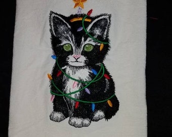 Christmas kitty flour sack dish towel   custom embroidered tea towel