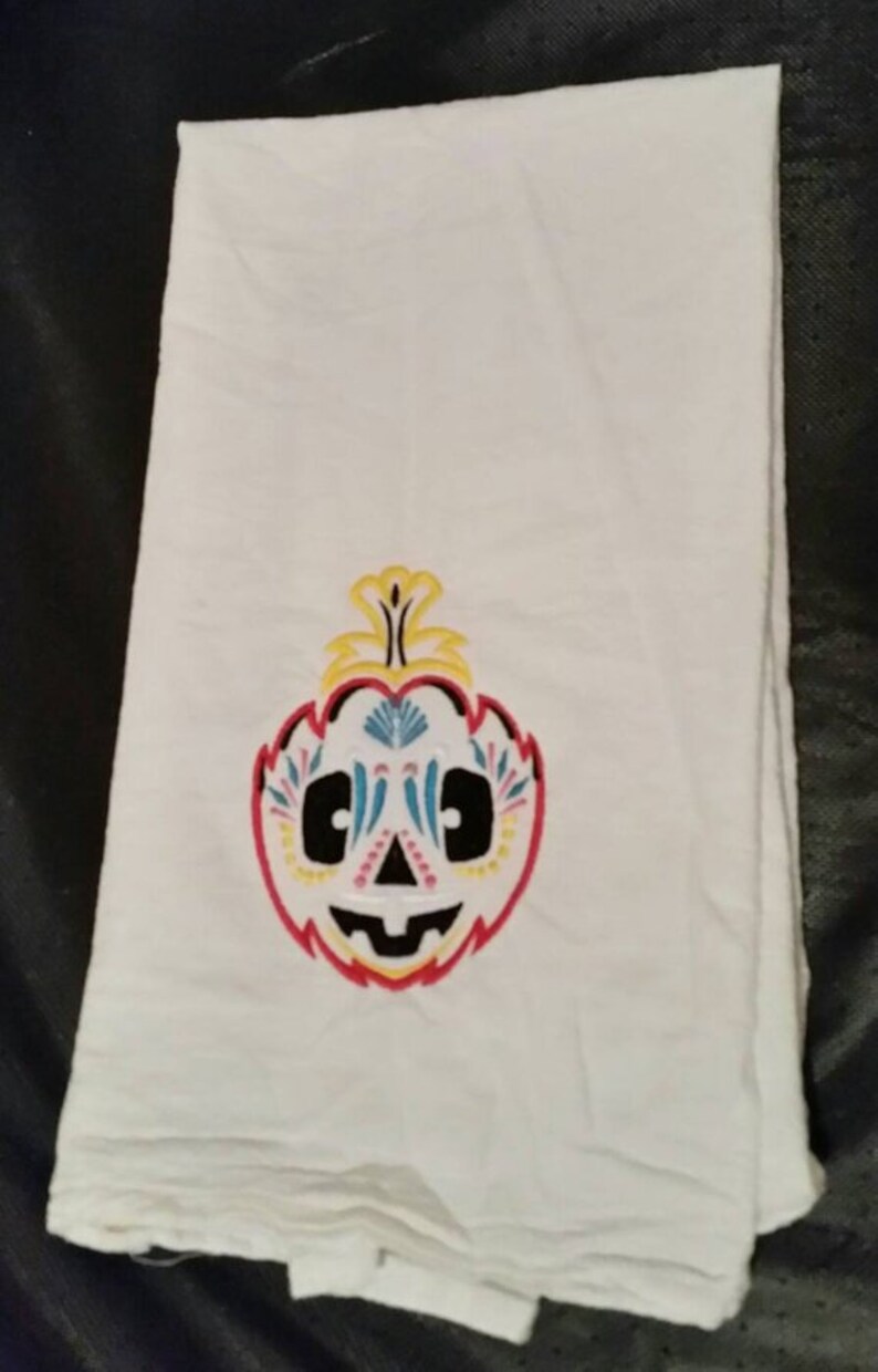 sugar skull pumpkin 4 flour sack towels custom embroidered day of the dead Halloween dish towels
