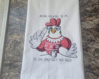 Sassy Chicken Embroidered Flour Sack Dish Towel: Funny Kitchen Decor