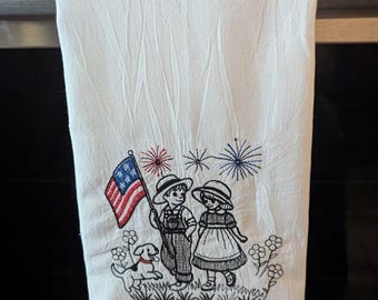 Embroidered Flour Sack Towel Patriotic Boy and Girl Kitchen Decor