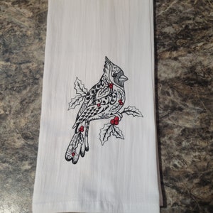 Embroidered Cardinal Flour Sack Towel: Winter Christmas Decor