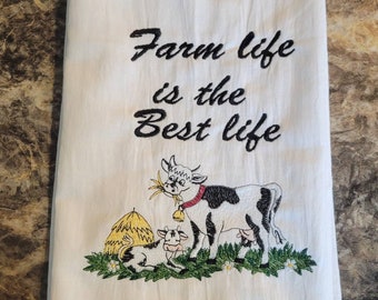 Embroidered Cow Tea Towel: Farmhouse Kitchen Decor
