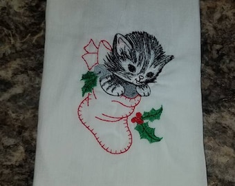 Kitten in Christmas stocking flour sack towel dish towel  custom embroidered towel tea towel.