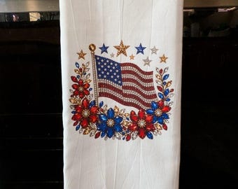 Patriotic printed flour sack dish towel USA flag and flowers