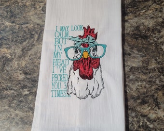 Embroidered Chicken Flour Sack Towel: Funny Kitchen Decor