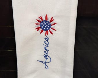 Red White and Blue America Flower Embroidered Tea Towel USA Flour sack dish towel
