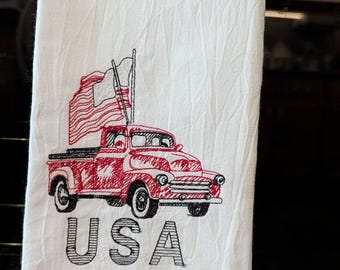 USA Red Truck with Flag Embroidered Flour Sack Dish Towel