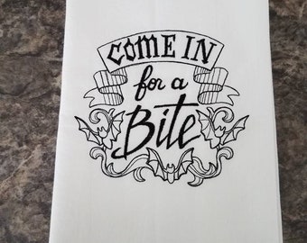 Come in for a bite Halloween bats flour sack dish towel custom embroidered towels tea towels
