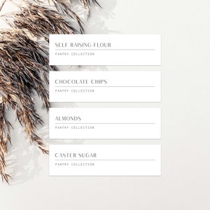 May include: Four white rectangular pantry labels with black text: "SELF RAISING FLOUR", "CHOCOLATE CHIPS", "ALMONDS", and "CASTER SUGAR". Each label also includes "PANTRY COLLECTION". Dried ornamental grass is in the upper left corner.