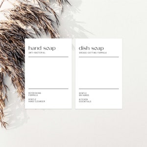 May include: Two white labels with black text. The label on the left reads "hand soap" and "ANTI-BACTERIAL". The label on the right reads "dish soap" and "GREASE-CUTTING FORMULA".