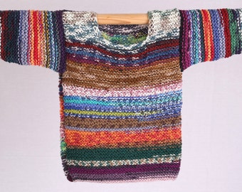 Robuster Patchwork Strickpullover ca Gr. 116 aus 8 - facher Sockenwolle.handgestrickt