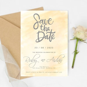Save The Date Wedding Invitation, Save The Date Yellow Invite Card, Personalized Wedding Card, Save Our Date Card, Instant Download