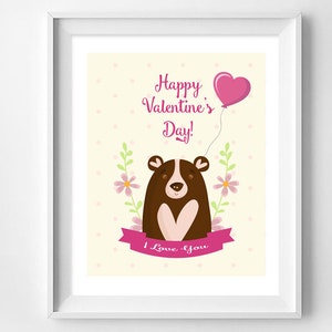Bear Valentines Art Print, Happy Valentines Day Wall Art, Funny Love Print, Bear Love Art Print, Gift for him / her, Instant Download