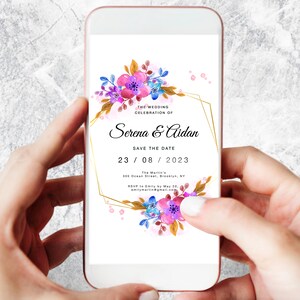 Electronic Save The Date Invitation, Digital Smartphone Save The Date Invite, Watercolor Floral, SMS Save Date e-invite, Instant Download