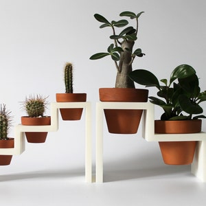 May include: White plant stand with four tiers, each holding a terracotta pot with a different plant. The stand is made of white plastic and has a modern design.