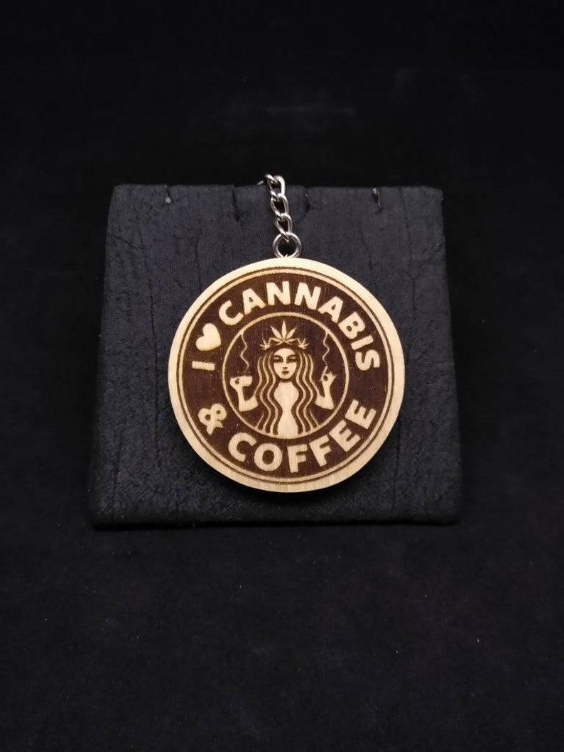 I Love Cannabis /& Coffee Laser Engraved Wood Keychain