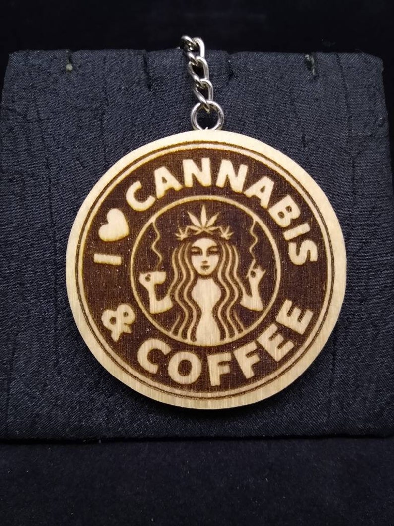 I Love Cannabis /& Coffee Laser Engraved Wood Keychain