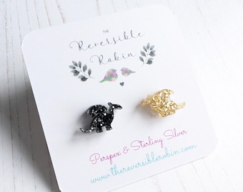 Dragon Stud Earrings: Onyx, Gold Glitter Acrylic, Sterling Silver
