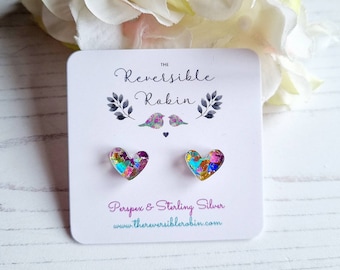 Rainbow iridescent Stud Earring Laser cut perspex and Sterling SIlver, Simple, Quirky Jewellery