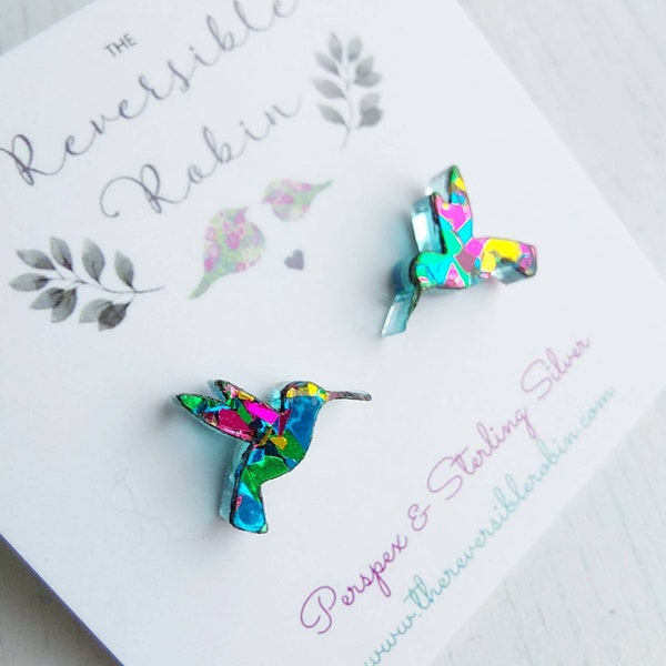 Hummingbird Stud Earring Studs, Laser cut perspex and Sterling Silver, Simple, Quirky Jewellery