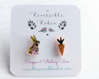 Bunny Rabbit and Carrot Stud Earrings: Laser Cut Perspex, Sterling Silver