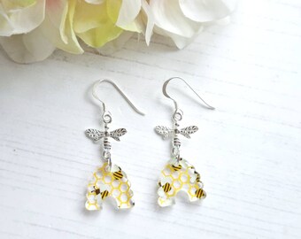 Bee and solid bee hive drop earrings, bumble bee, honey bee, Laser cut perspex and Sterling Silver,Yellow Gold