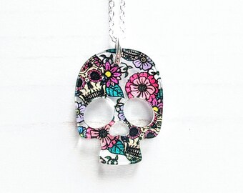Day of the Dead Sugar Skull Pendant, Laser Cut Acrylic, Sterling Silver Chain