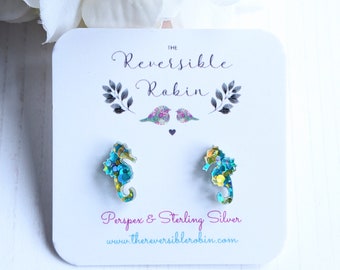 Seahorse Stud Earrings, Laser Cut glitter perspex and Sterling Silver sea life earrings