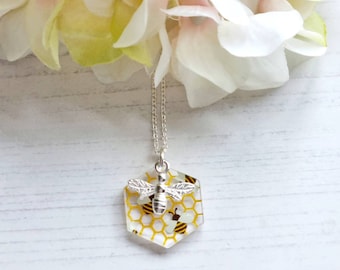 Bee and solid hexagon honeycombe pendant, bumble bee, honey bee, Laser cut perspex and Sterling Silver, Yellow Gold