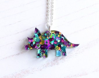 Triceratops Dinosaur Pendant,laser cut acrylic, glitter pattern necklace
