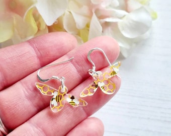Bee drop dangly earrings, bumble bee, honey bee, Laser cut perspex and Sterling Silver,Yellow Gold