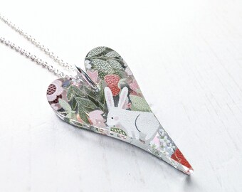 Heart pendant, glitter, patterned necklace, lasercut acrylic, sterling silver, leopard, daisy, strawberry, floral