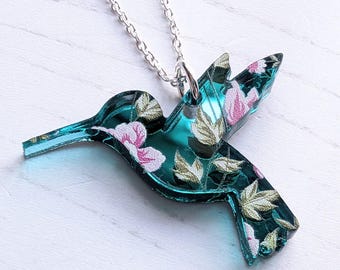 Hummingbird pendant, Laser cut perspex and Sterling Silver, Simple, Quirky Jewellery