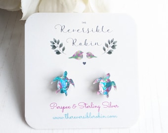 Turtle Stud Earrings, Laser Cut glitter perspex and Sterling Silver sea life earrings