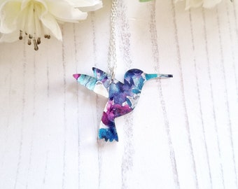 Hummingbird pendant, Laser cut perspex/wood and Sterling Silver, Simple, Quirky Jewellery