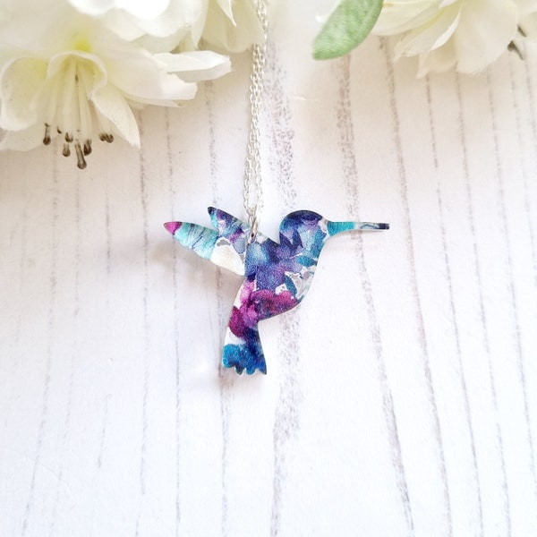 Hummingbird pendant, Laser cut perspex/wood and Sterling Silver, Simple, Quirky Jewellery