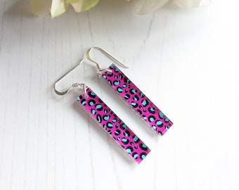 Leopard Print, Bright colour Drop hook Earrings. Laser cut patterned Acrylic and Sterling Silver